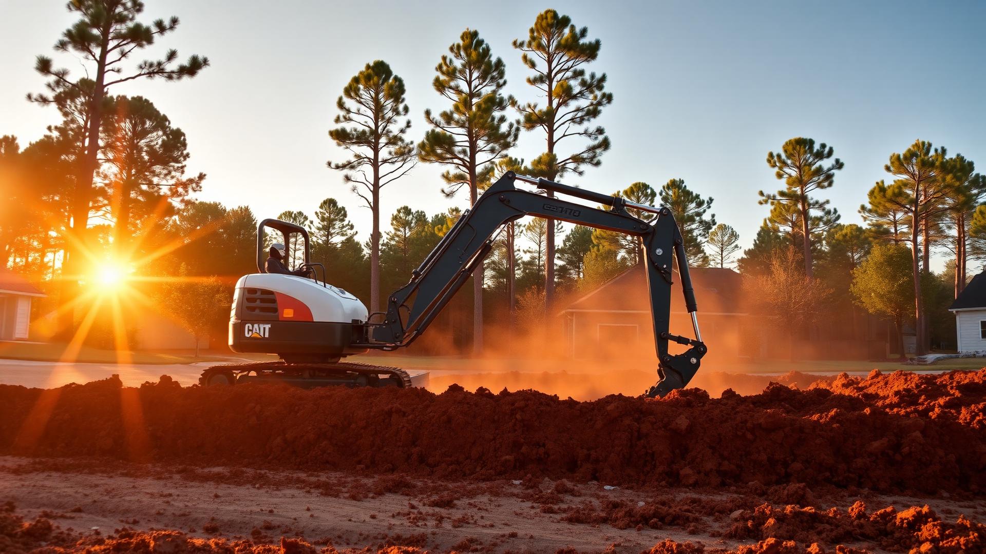 Compact excavator grading red clay soil on a Georgia residential lot at sunrise